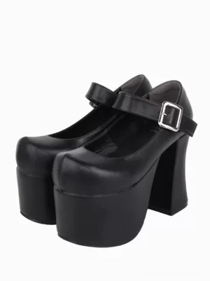 Black Mary Jane platform lolita shoes front three-quarter view with silver square buckle strap and round closed toe