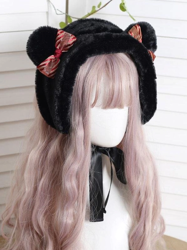 Black matte plush bear ear lolita hat bow with red plaid bows and brown accents shown on mannequin with purple wavy wig - gothic sweet lolita headdress