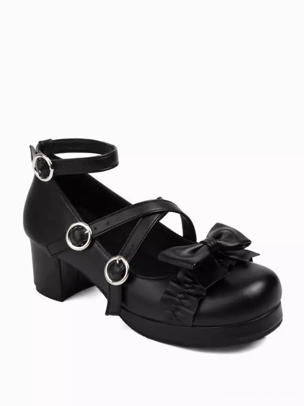 Black matte Sweet Lolita chunky heel pumps side three-quarter view on white background, featuring double cross ankle straps with metal buckles, front bow, and stable platform heel