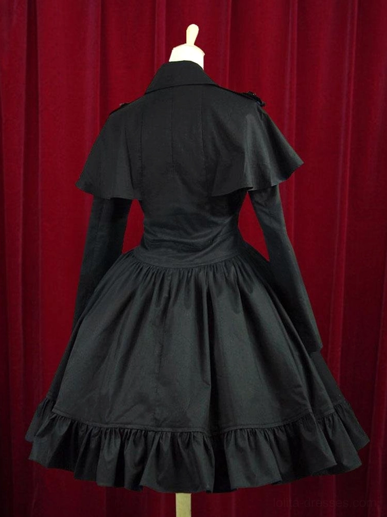 Black military lolita dress full back three-quarter view showing pleated gathered ruffled skirt hem and capelet silhouette