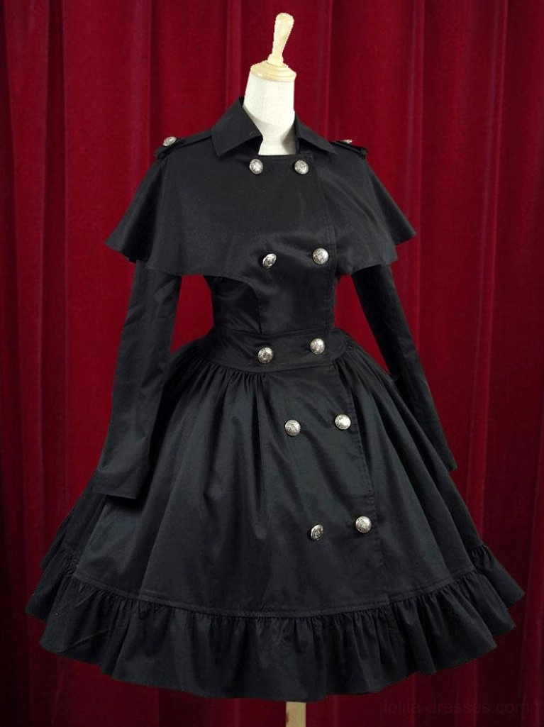 Black military lolita dress with wasp waist and silver buttons front three-quarter view on mannequin with ruffled skirt hem