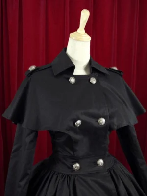 Black military lolita dress upper body close-up showing stand collar shoulder epaulets fitted waist and decorative buttons detail