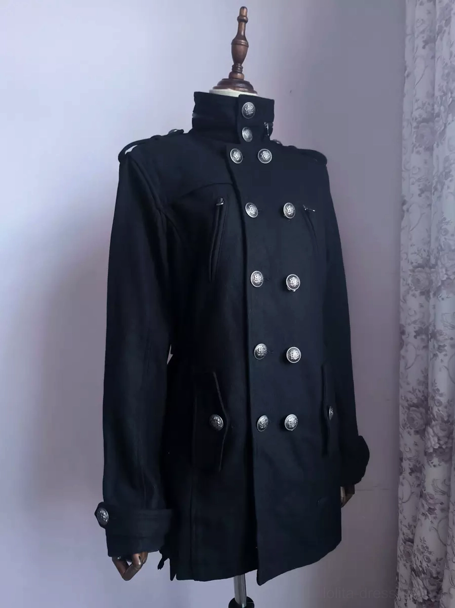 Black military officer winter coat with double-breasted metal buttons and stand collar, front three-quarter view on model, lolita-inspired structured silhouette with long sleeves and shoulder epaulets