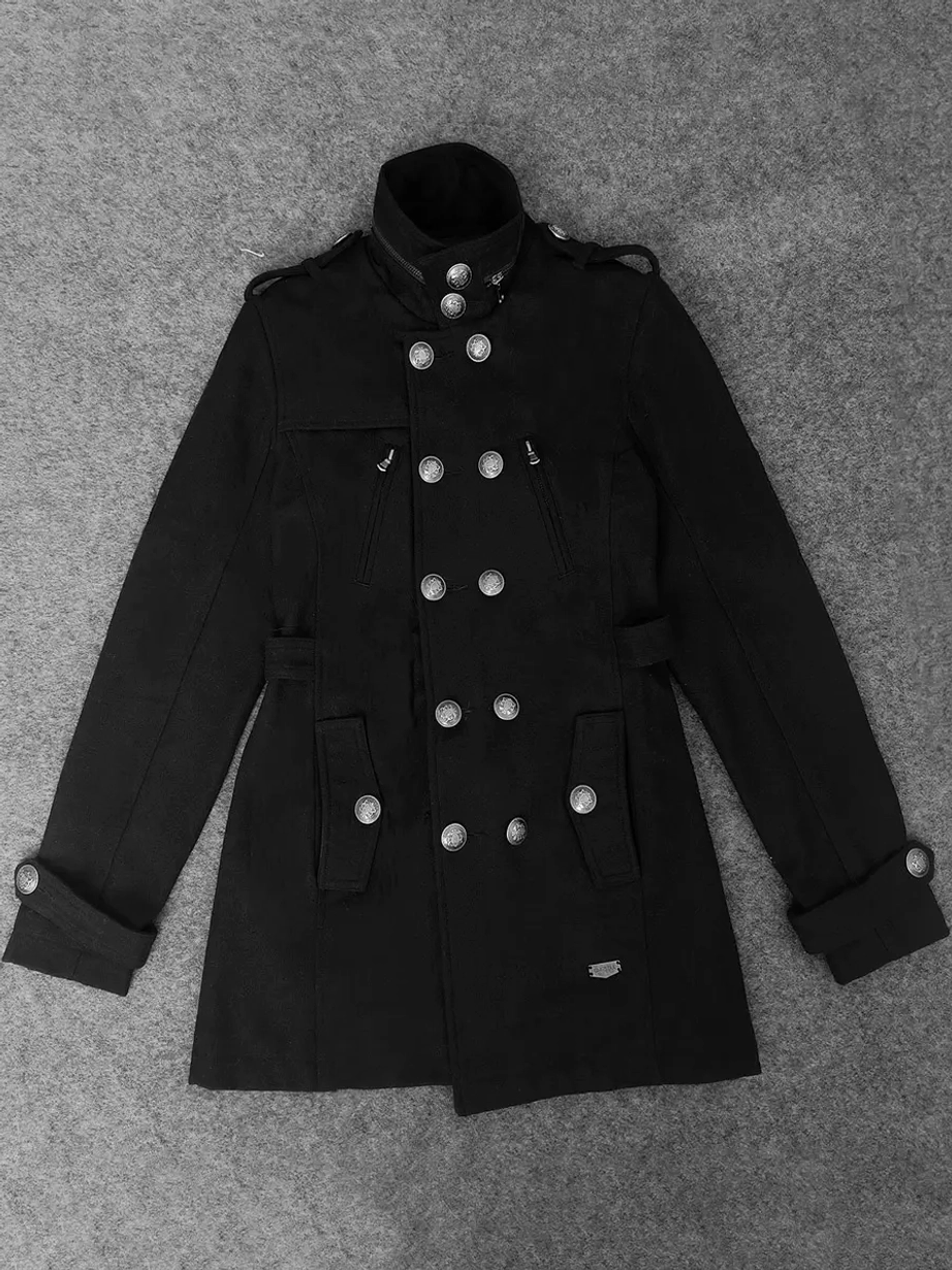 Black military coat flat lay overhead view showing long sleeves, belt loops, functional zippered side pockets, and embossed button details on polyester fabric