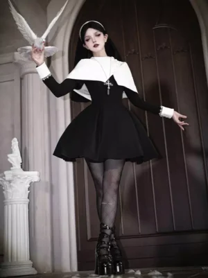 Black nun gothic lolita dress back full body view with fishnet stockings platform boots and white dove prop vintage church background