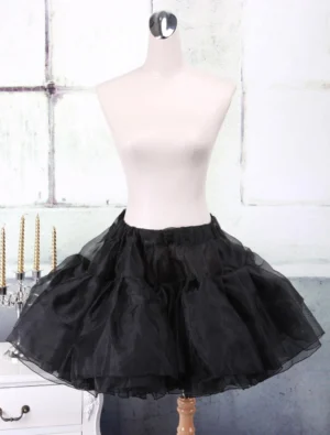 Black organza A-line Lolita petticoat front full view multi-layered ruffled silhouette sheer fabric elegant Lolita fashion foundation garment