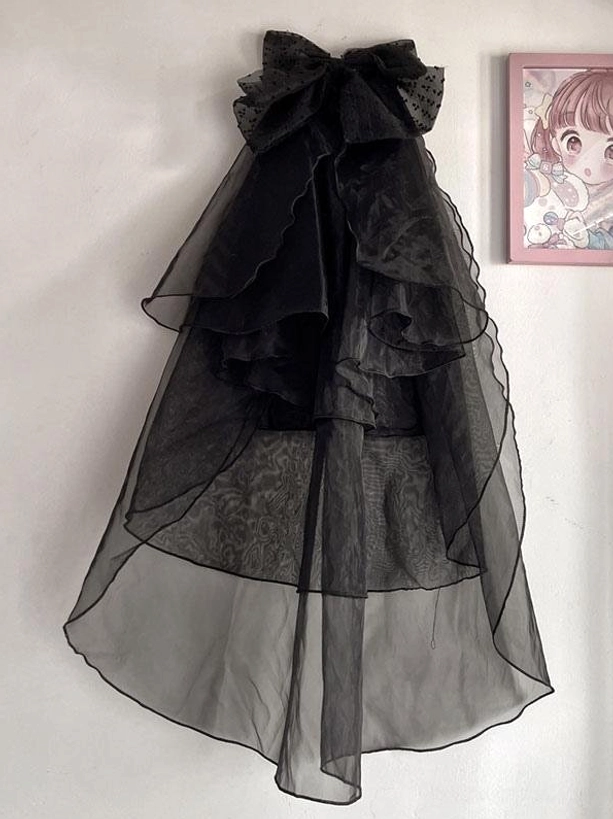 Black organza tulle hair bow veil accessory flat lay front view, multi-layer sheer fabric construction with polka dot trim detail, professional lolita headwear photography