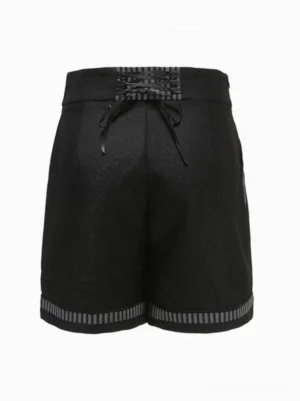 Black ouji gothic lolita bloomers rear back view lace-up corset closure striped waist trim white background