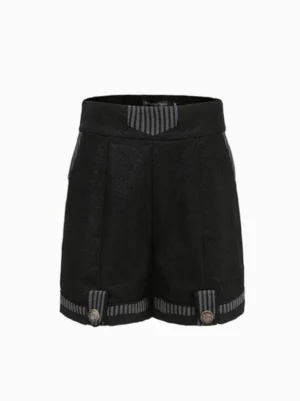 Black ouji gothic lolita bloomers straight shorts front view flat lay white background high waist striped hem metal buttons