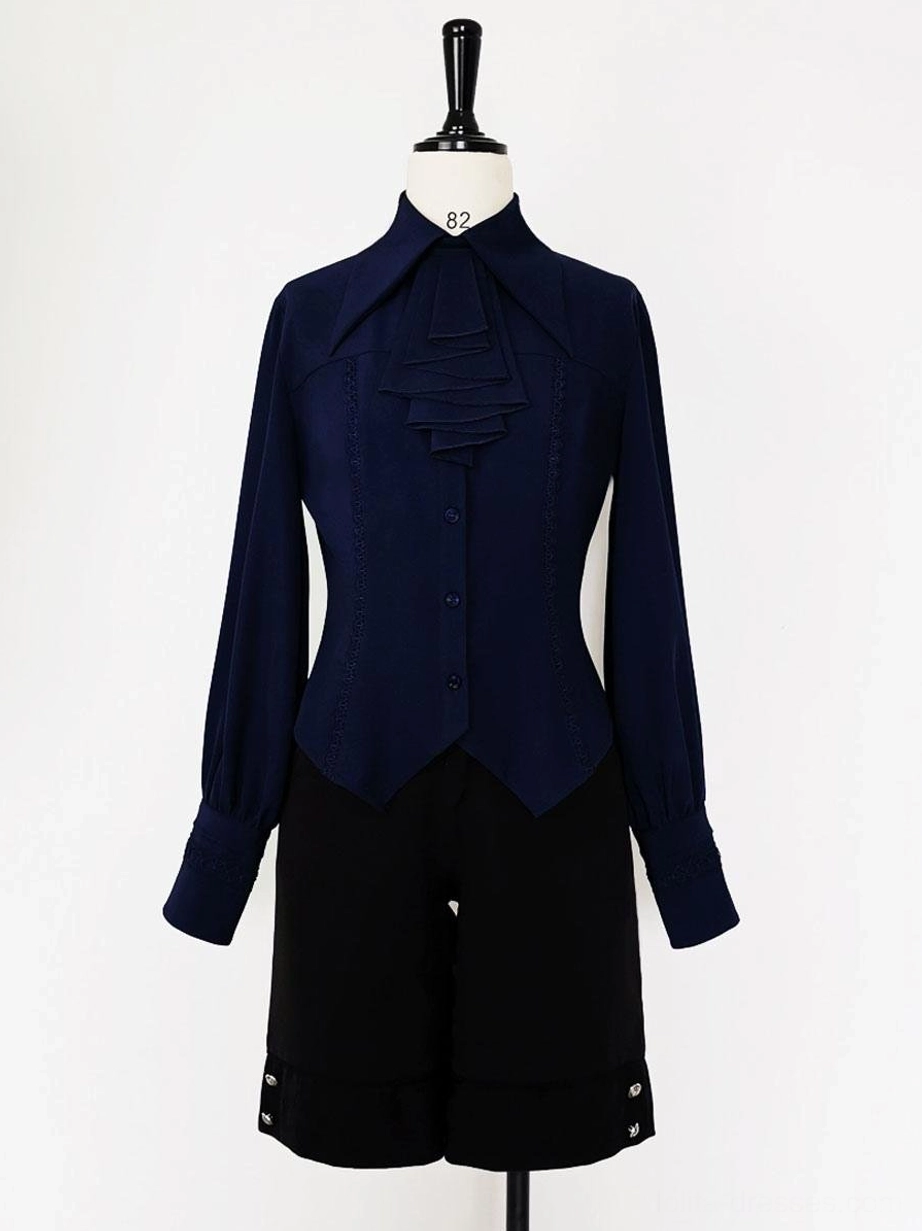 Black Ouji lolita shorts on dress form front view metal buttons pointed collar layered cravat