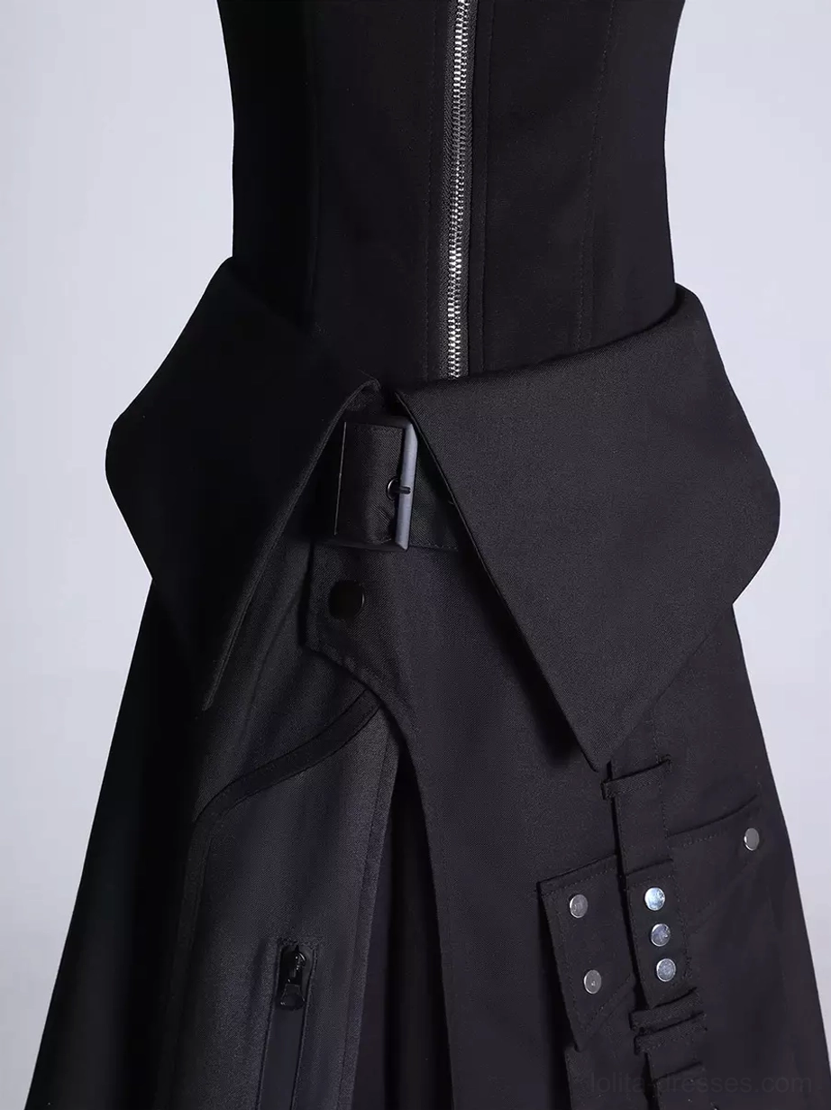 Black Ouji Lolita gothic punk asymmetrical skirt overlay styling option with wide-leg pants and buckle accents