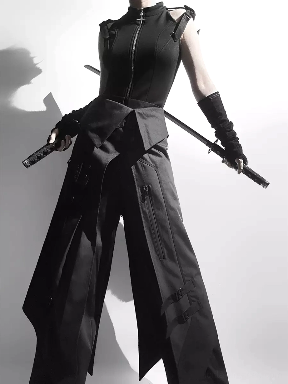 Black gothic punk Ouji Lolita suit back three-quarter view displaying sleeveless zip top and wide-leg pants with asymmetrical skirt overlay