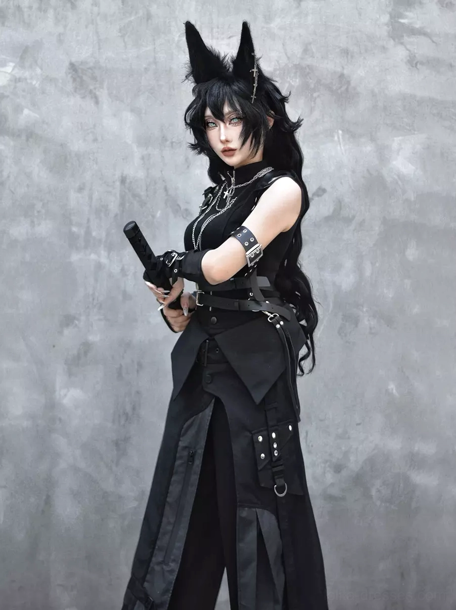Black gothic punk Ouji Lolita outfit front full-body view with cross layered necklaces, arm straps, and layered skirt pants