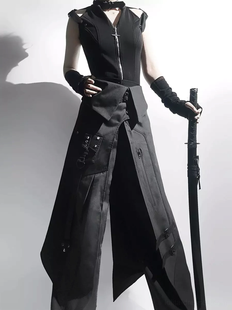 Black gothic Ouji Lolita set front three-quarter view featuring high collar zip top, layered asymmetrical skirt pants, and fingerless gloves
