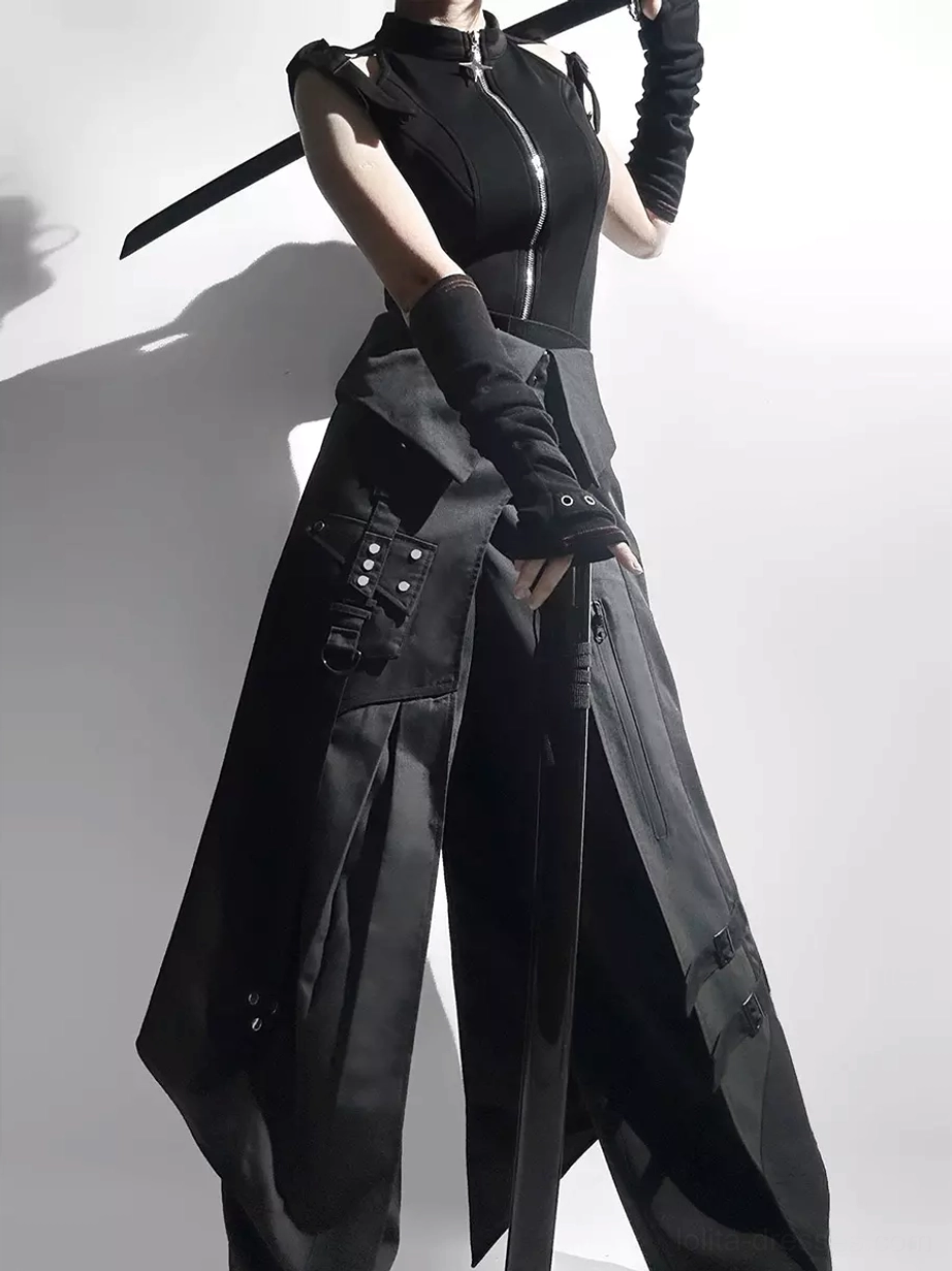 Black gothic clothing Ouji Lolita set low angle front three-quarter view featuring zip-up sleeveless top and tactical pocket details