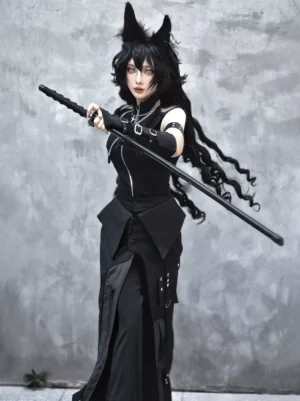 Black gothic Ouji Lolita two-piece set side profile view showing tactical buckle decorations and high neck sleeveless top