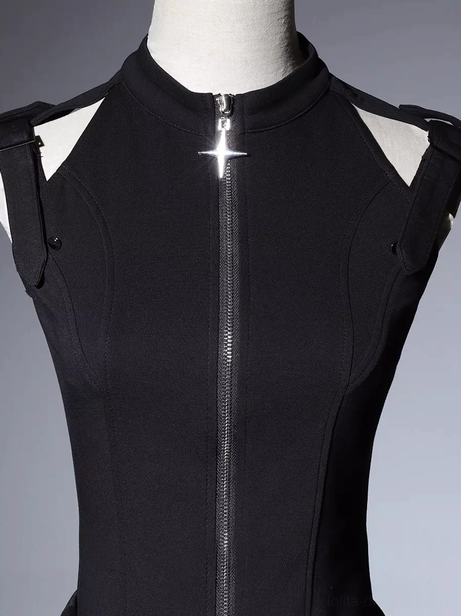 Black gothic punk Ouji Lolita two-piece outfit showing zip-front sleeveless top design and tactical pants silhouette details