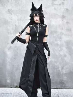 Black Ouji Lolita gothic punk sleeveless zip top with asymmetrical layered skirt pants front full-body view