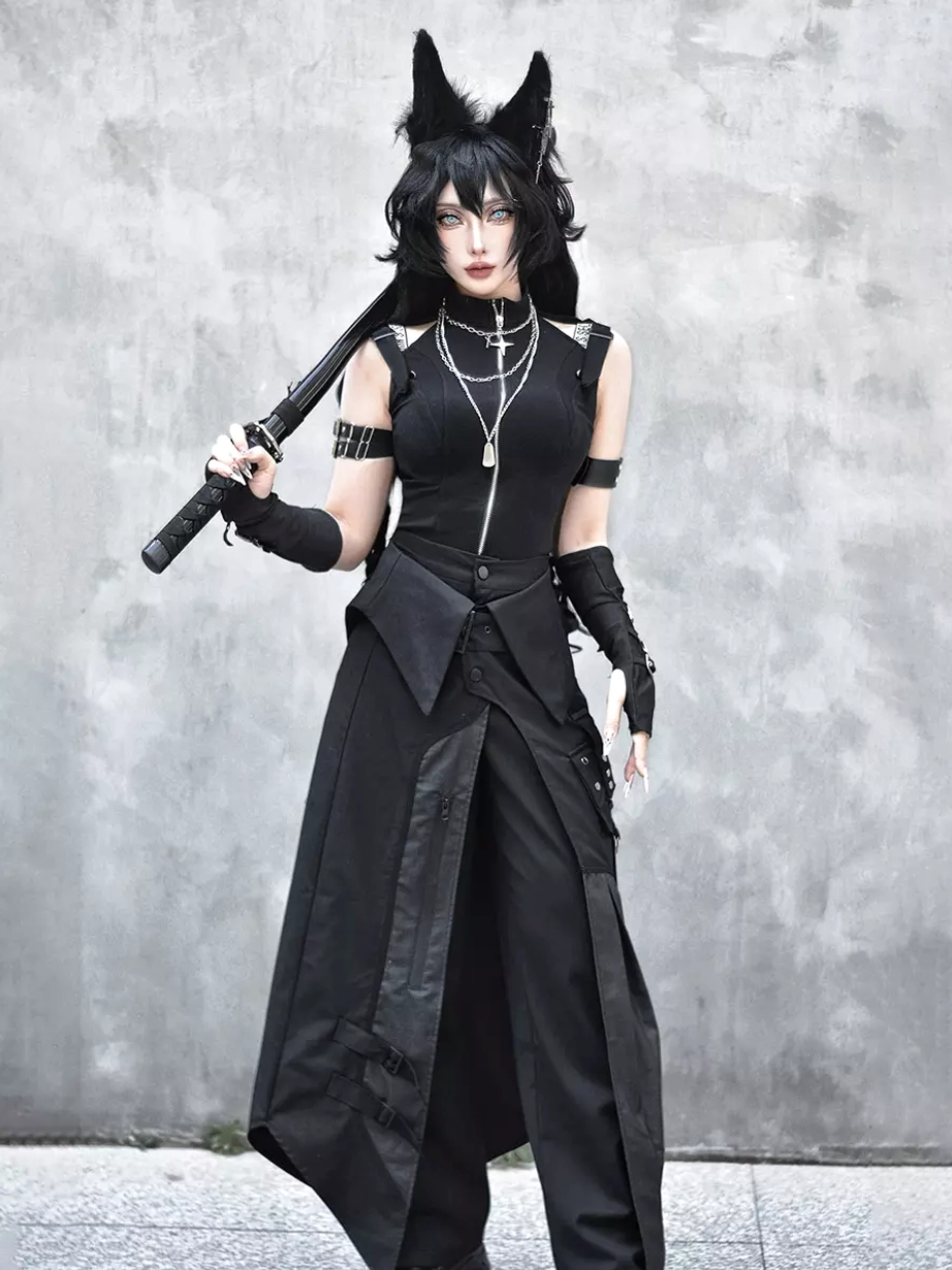 Black Ouji Lolita gothic punk sleeveless zip top with asymmetrical layered skirt pants front full-body view