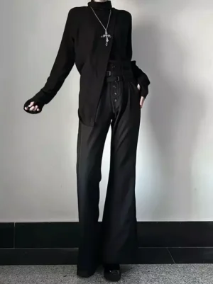 Black ouji lolita high-waist belted wide-leg flare trousers front full-body view with double buckle waist and button closure, styled with black turtleneck top and cross pendant necklace