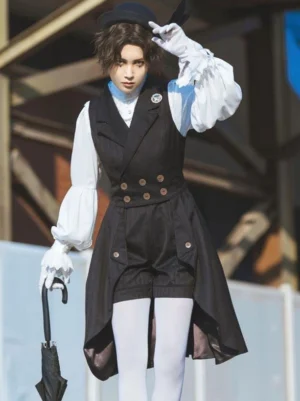 Black Ouji Lolita sleeveless overcoat front full-body view on androgynous model with high-low asymmetric hem and double-breasted buttons