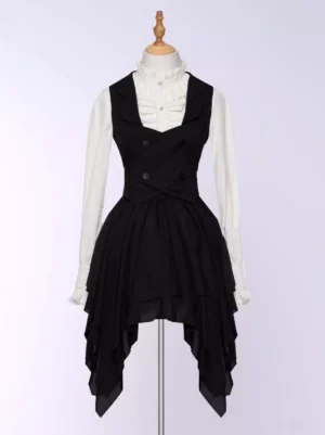 Black Ouji Lolita three-piece suit front view on dress form mannequin showcasing double-breasted waistcoat white ruffled blouse and asymmetrical black skirt with lace details