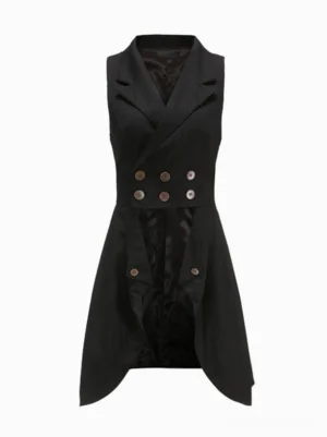 Black Ouji Lolita structured waistcoat flat lay display showing notched lapel split front hem and dark satin lining detail