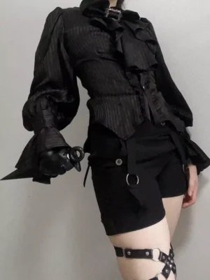 Black prince style lolita shorts with metal fasteners side profile shot, structured ruffled blouse and gloves, ouji aesthetic