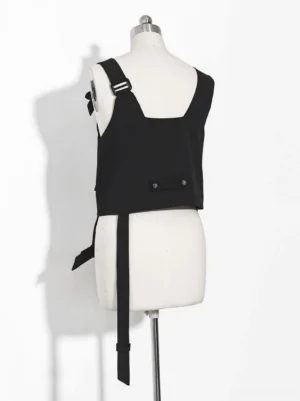 Black gothic lolita waistcoat back view showing adjustable shoulder strap and hanging back strap detail