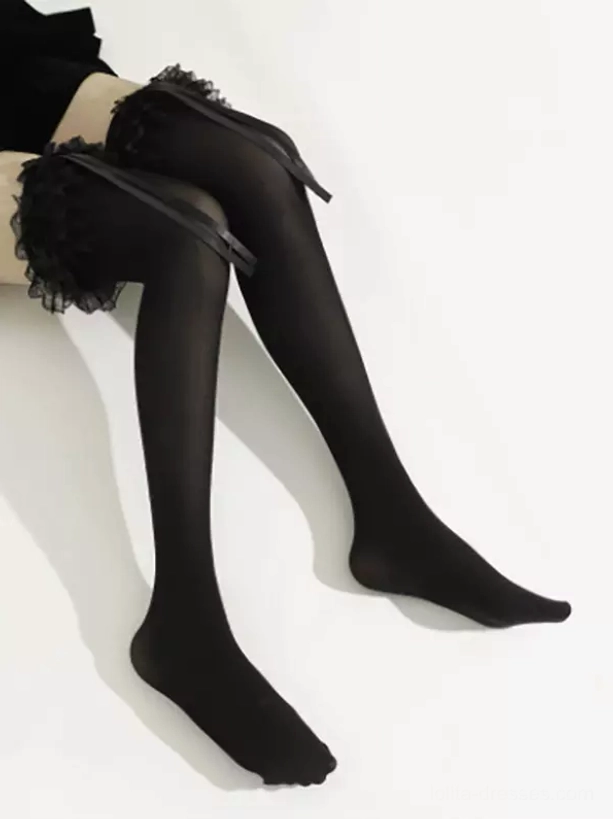black over-the-knee lace stockings with tiered ruffled trim and satin ribbon gothic lolita aesthetic side view