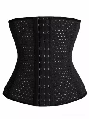 black overbust corset waist shaper front flat lay breathable perforated spandex hook closure