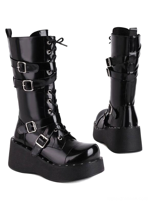 Black patent leather lace-up Gothic Lolita platform boots front and side view showcase high shine finish silver buckles
