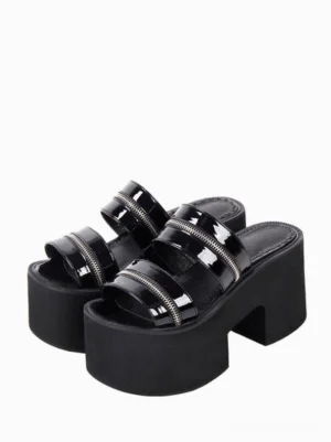 black-patent-leather-gothic-lolita-platform-sandals-dual-zipper-straps-front-view-display