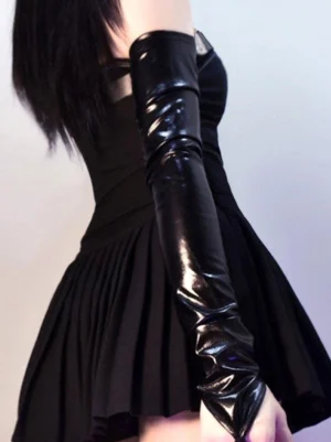 Black patent leather fingerless oversleeves rear view worn with black strapless pleated dress gothic lolita outfit