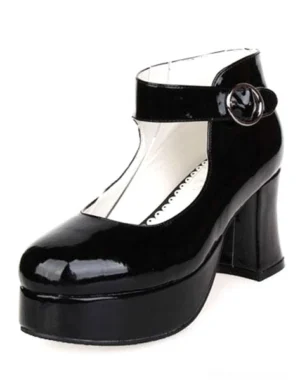 Single black patent Lolita platform heel side three-quarter view displaying ruffled inner trim chunky block heel and glossy finish