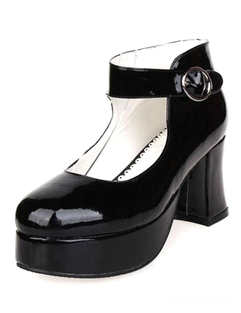 Single black patent Lolita platform heel side three-quarter view displaying ruffled inner trim chunky block heel and glossy finish