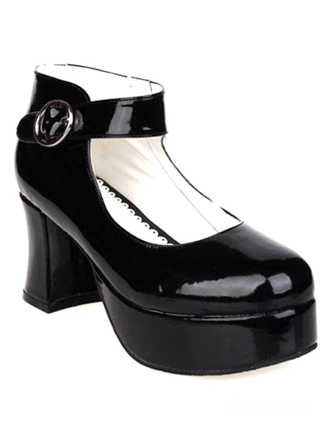 Single black patent Lolita platform heel front left three-quarter view highlighting polished glossy surface outer side ankle buckle and refined silhouette
