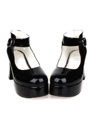 Black glossy patent leather Lolita platform heels front paired display view showing ankle strap buckle detail and round closed toe design