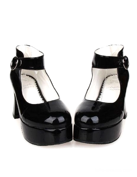 Black glossy patent leather Lolita platform heels front paired display view showing ankle strap buckle detail and round closed toe design