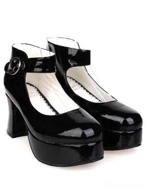 Black glossy patent leather Lolita platform heels back three-quarter paired view showcasing exposed chunky block heel and premium patent leather upper