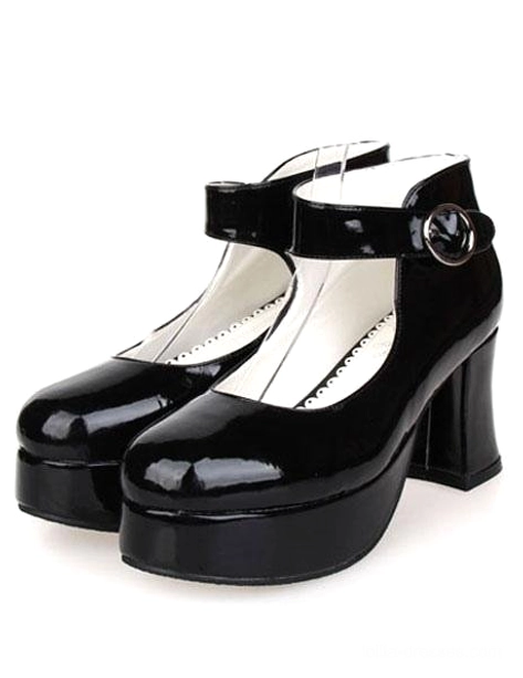 Pair of black patent Lolita platform heels front right-angled view showing adjustable ankle buckle strap round toe and platform sole