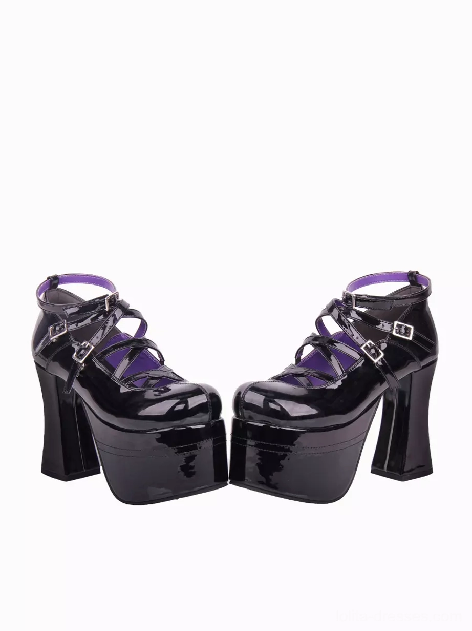 Black patent leather Lolita platform pumps rear view showing ankle buckle strap chunky block heel structure purple lining details
