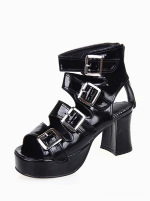Black patent leather Lolita platform sandals with multiple silver buckle straps, peep-toe design, chunky block heel, left front three-quarter view