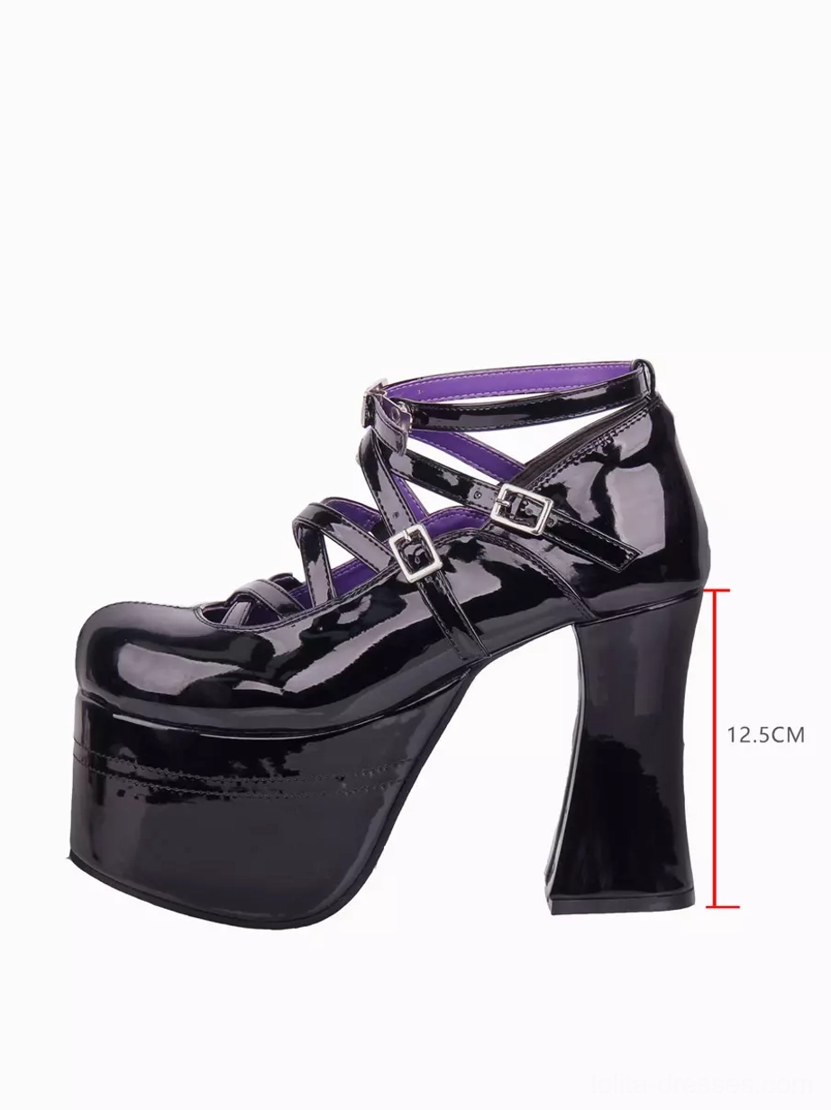 Single black patent leather Lolita platform pump side profile showing 12.5cm heel height cross buckle straps glossy finish