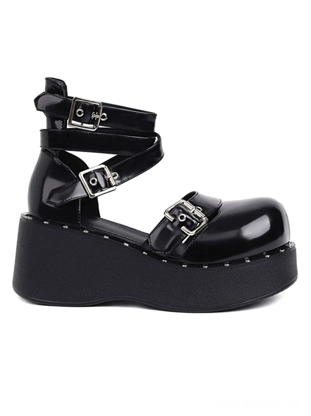 Black lolita platform shoes right side profile view displaying ankle strap with silver buckle and studded platform edge detail