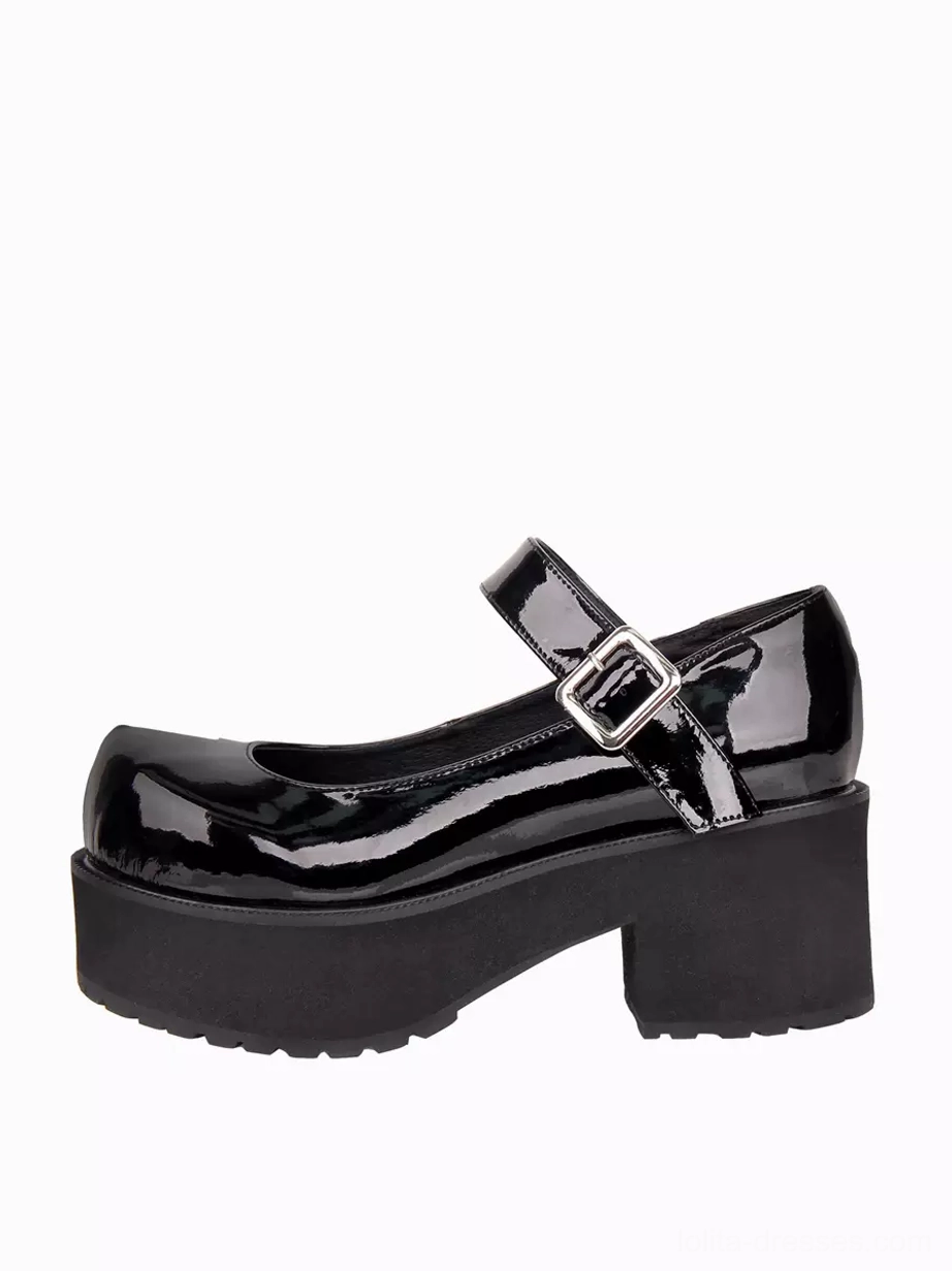 Single black patent leather Mary Jane lolita heel shoe shown in left side profile demonstrating the 8cm chunky block platform heel and round toe silhouette