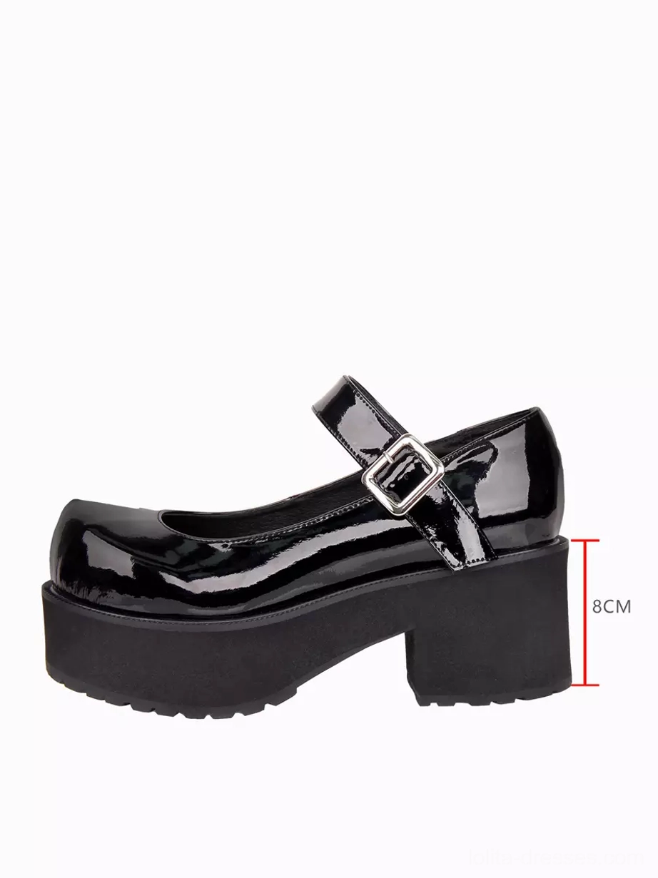 Single black glossy patent leather Mary Jane lolita platform heel shown in right side profile featuring adjustable silver buckle strap and 8cm chunky block heel
