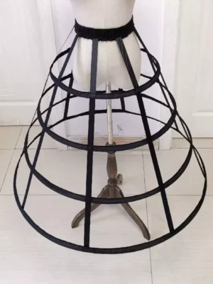 Black lolita petticoat front three-quarter angle displaying wide flared bottom and full woven cage structure volume