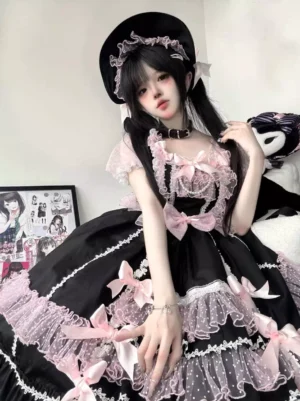 Black and pink sweet lolita dress with square neckline layered ruffle skirt medium full body shot