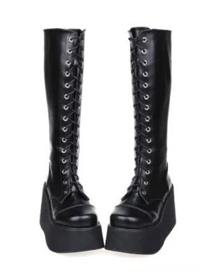 Black platform lace-up gothic lolita boots front double view showing full silver metal eyelets and matte leather finish